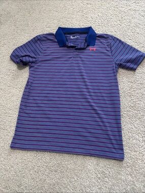 Under Armour Boys Blue Polo with Pink & White Stripes